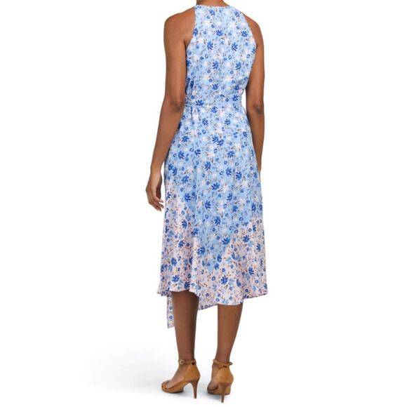New Vince Camuto Women's Mixed Floral Print Halter Neck Asymmetric Midi Dress - Picture 2 of 6